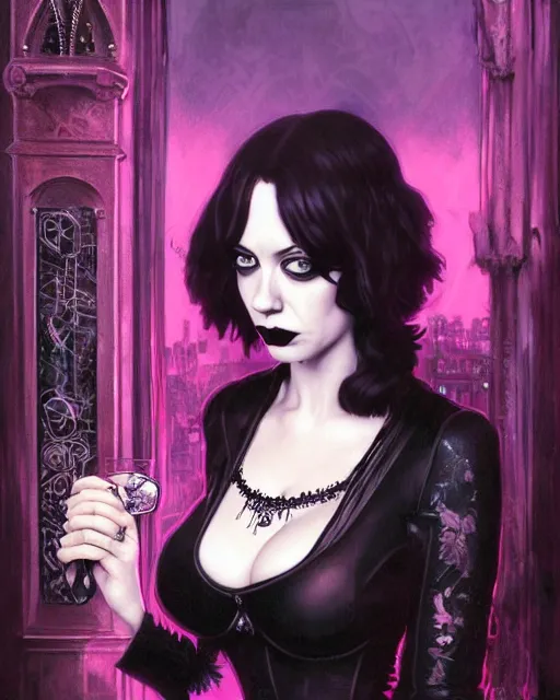 Prompt: sophisticated gothic portrait of christina hendricks aubrey plaza kat denning 1 9 8 0 s flower power goth, very smoky cyberpunk paris bar, elegance, highly detailed, shallow depth of field, artstation, cyberpunk city background, artgerm, donato giancola and joseph christian leyendecker