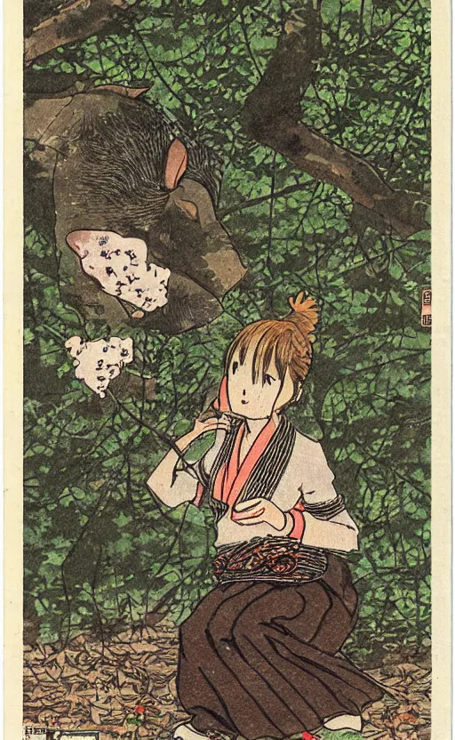 Prompt: by akio watanabe, manga art, friendly boar is curios about girl with brown hair sitting in forest, trading card front, kimono, realistic anatomy