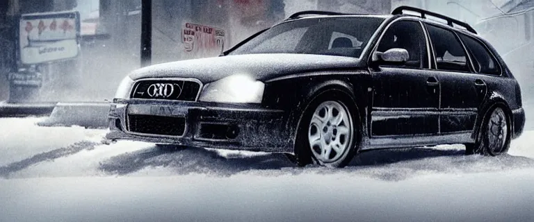 Image similar to Audi A4 B6 Avant (2002), a gritty neo-noir, dramatic lighting, cinematic, eerie person, death, homicide, homicide in the snow, viscera splattered, gunshots, bullet holes, establishing shot, extremely high detail, cracked windows, photorealistic, arson, cinematic lighting, artstation, by simon stalenhag, Max Payne (PC) (2001) winter New York at night, In the style of Max Payne 1 graphic novel, flashing lights, Poets of the Fall - Late Goodbye