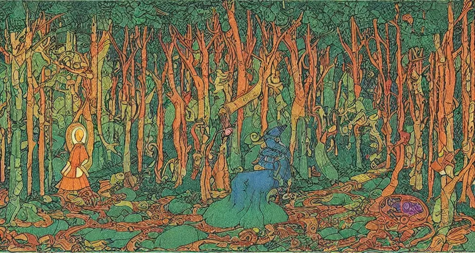 Prompt: Enchanted and magic forest, by Ivan Bilibin,