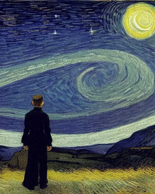 Prompt: a person looking at the night sky with stars, colorful, beautiful, national geographic, very detailed, astrophotography, oil painting, canvas, Theodor Kittelsen, Vincent van Gogh, Caspar David Friedrich