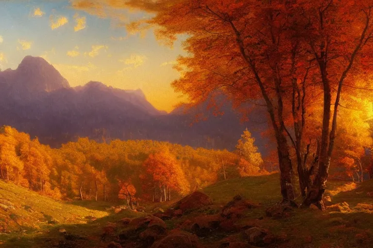 Prompt: mountains, clouds, trees, sunset, beautiful nature, autumn, hyperdetailed, focused, cinematic lighting, oil painting, colorful, canvas, artstation, Albert Bierstadt, Hans Dahl, Theodor Kittelsen, Hermann Hendrich, Konstantin Yakovlevich Kryzhitsky