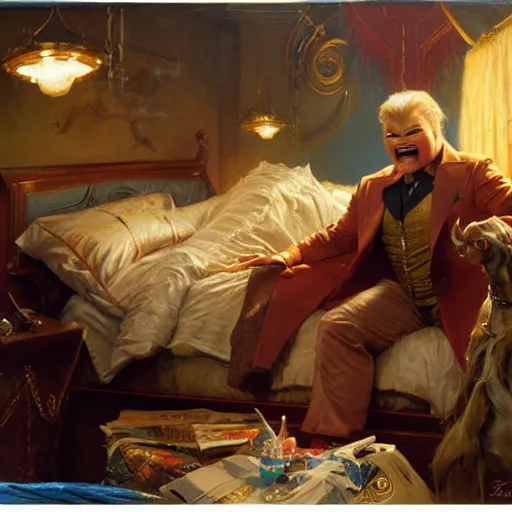 Image similar to burt reynolds is in his bed, nervous and terrified, because an evil rip taylor is throwing confetti from a bucket at him. highly detailed painting by gaston bussiere, j. c. leyendecker, greg rutkowski, craig mullins 8 k