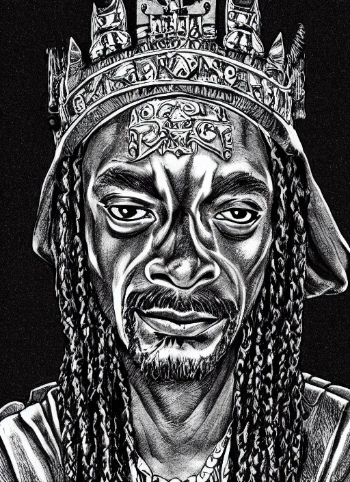 Image similar to Snoop Dogg as a knight, highly detailed, black and white, manga, art by Kentaro Miura