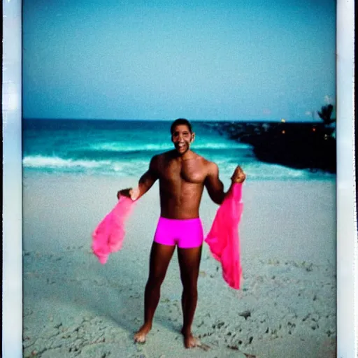Image similar to will smith wearing a pink speedo on a moonlit beach in miami in the 8 0 s, polaroid photo