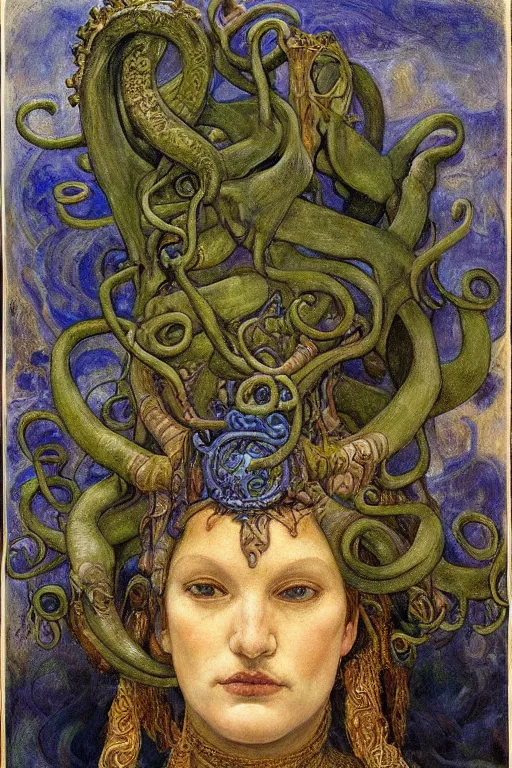 Image similar to the tentacle crown,by Annie Swynnerton and Diego Rivera and Elihu Vedder, symbolist, dramatic lighting, elaborate geometric ornament, Art Brut, bioluminescent, soft blues and greens,smooth, sharp focus, extremely detailed, Adolf Wölfli