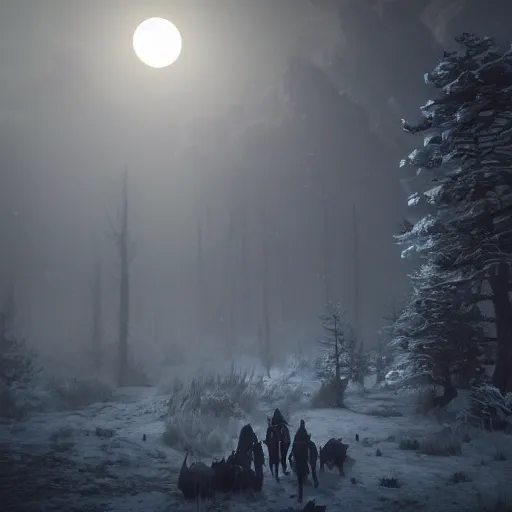 Prompt: the wild hunt, otherworldly spectres riding in the sky, wraiths of morhogg, bad omen, enchanted forest, blizzard storm, fog, full moon, snowy environment, in the style of the witcher series, hyperrealism, breathtaking, award winning, groundbreaking, octane render, unreal 5, intricate digital art, 8 k high resolution