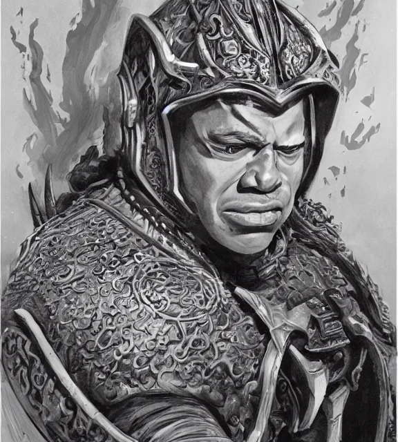 Image similar to An ultra-detailed hyperrealistic portrait of James Earl Jones as Thulsa Doom with long black hair and rune-engraved armor, by John Buscema , Frank Frazetta and Bill Sienkiewicz, trending on marvel, trending on artstation