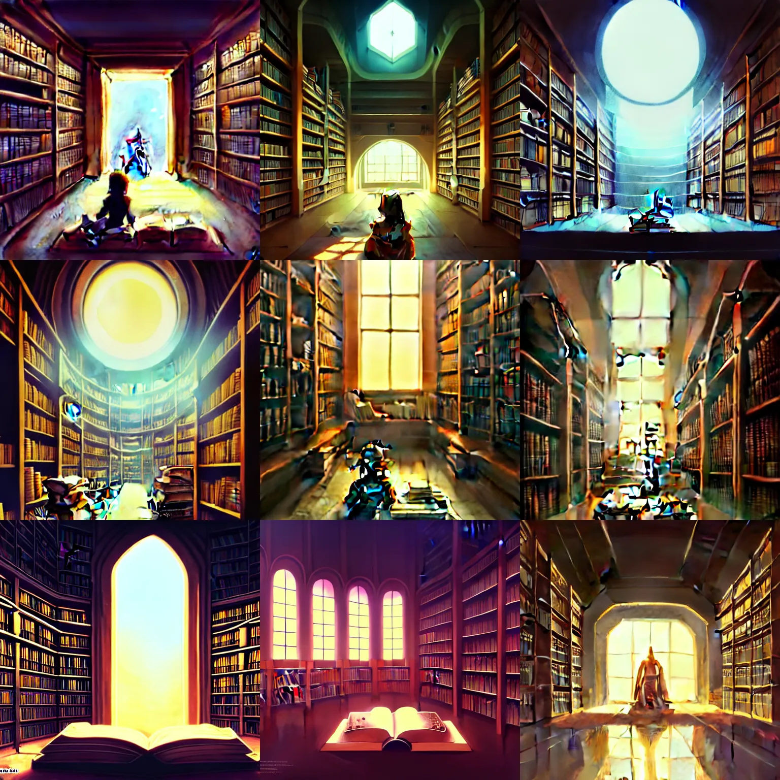 Prompt: inside an infinite library, searching rows of ancient mystical books, sci-fi concept art, soft lighting, painting Sketch by Makoto Shinkai, painting by Sebastian Luca from artstation