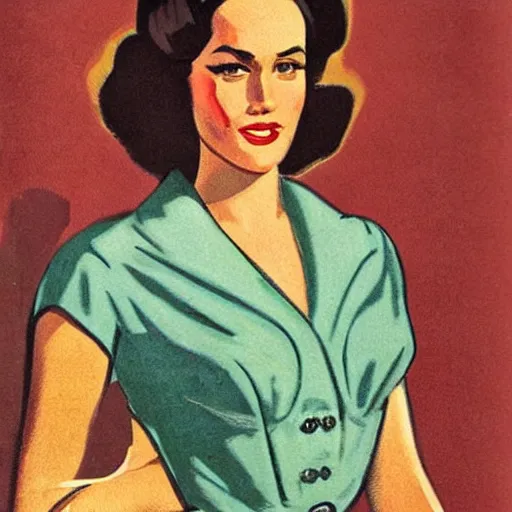 Prompt: “Megan Markle portrait, color vintage magazine illustration 1950”