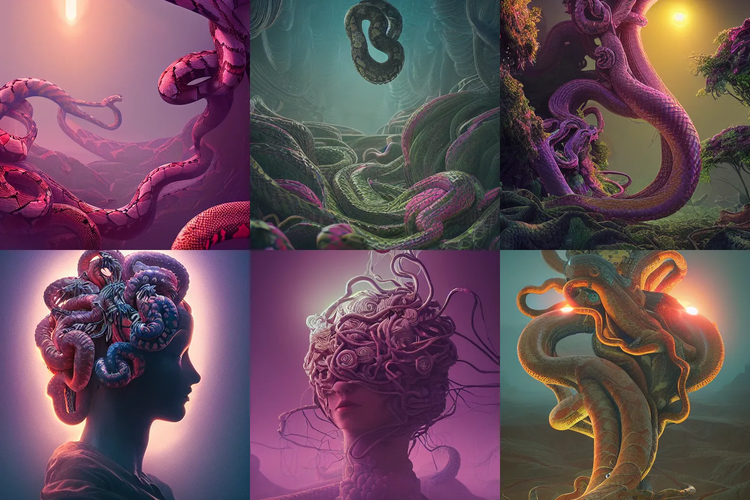 Prompt: beautiful dark landscape, medusa head highly detailed snakes, beautiful flowers growing in the style of beeple and Mike Winkelmann, intricate, epic lighting, cinematic composition, hyper realistic, 8k resolution,