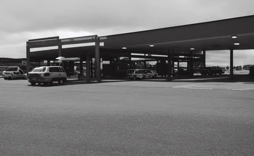 Image similar to cinematic still screenshot of the port byron travel plaza in the middle of nowhere, shot by saul leiter, camera height 7 feet, moody cinematography, 2 4 mm anamorphic lens