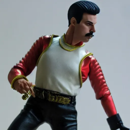 Image similar to freddie mercury action figure, well lit, studio light, painted action figure