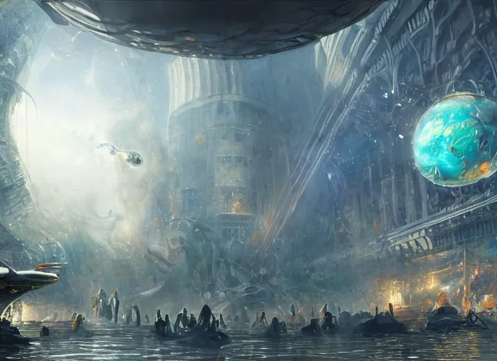 Prompt: A bustling beautiful city on the sea floor inside a glass dome being invaded by aliens, war, explosions, violence, terror, war spaceships, anime, fountain, statue, underwater, rapture, fish flying over head, godrays, a fantasy digital painting by Greg Rutkowski and James Gurney, trending on Artstation, highly detailed