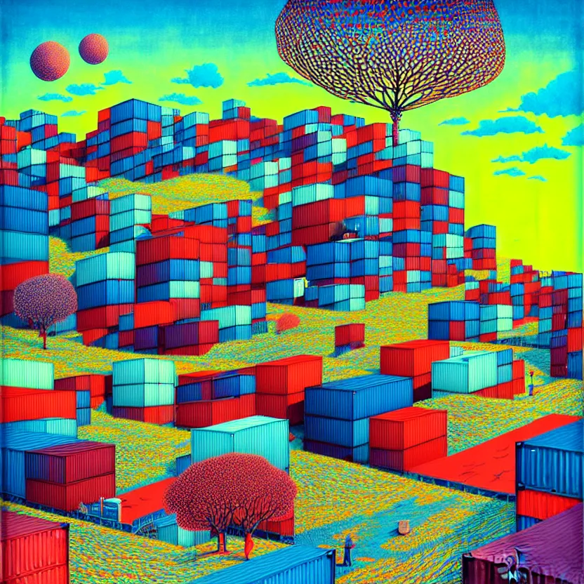 Prompt: surreal glimpse into other universe, a shipping container port, summer morning, very coherent and colorful high contrast, art by!!!! gediminas pranckevicius!!!!, geof darrow, floralpunk screen printing woodblock, dark shadows, hard lighting, stipple brush technique,