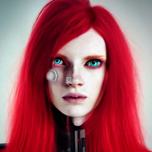 Prompt: futuristic woman, portrait, Cyberpunk, glowing skin, beautiful girl, red hair, ginger hair, dark fantasy, extremely detailed, sharp focus, model