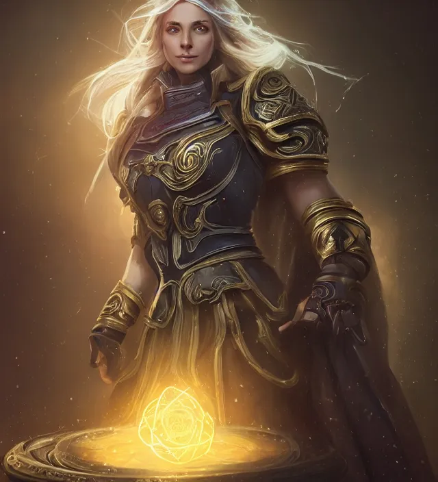 Prompt: Jaina Proudmore portrait, intricate arcane armor, glowing magical runes and esoteric symbols, subject in the middle of the frame, rule of thirds, golden ratio, elegant, digital painting, octane 4k render, zbrush, hyperrealistic, artstation, concept art, smooth, sharp focus, illustration from Warcraft by Ruan Jia and Mandy Jurgens and Artgerm and William-Adolphe Bouguerea