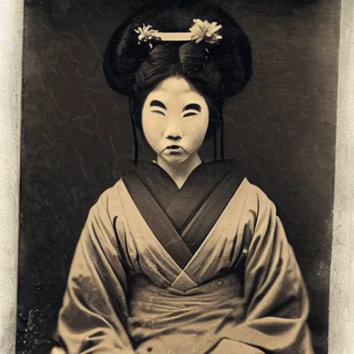 Prompt: terrifying evil dark angry geisha!!! daguerreotype portrait photograph. inspired by gerard grom and ansel adams. beautiful. highly detailed. old timey.