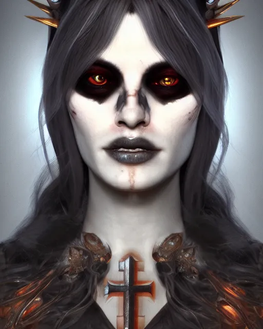 Prompt: headshot portrait of nightmare queen inspired by catholic occultism, detailed, textured, realistic, unreal engine, cgsociety, cinematic lighting, concept art