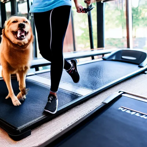 Image similar to A woman walking on a treadmill with her dog walking on a smaller treadmill next to her