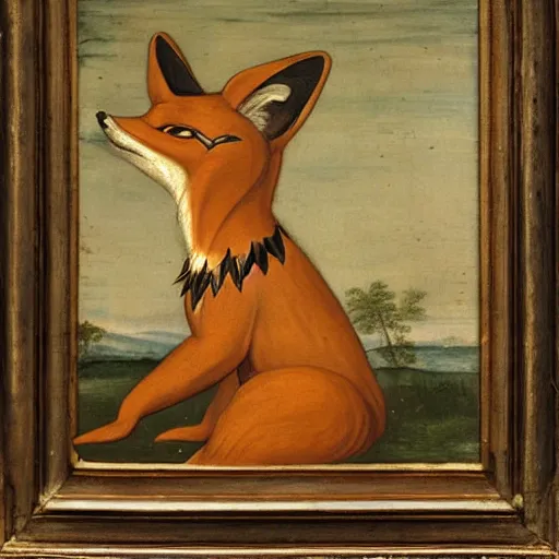 Prompt: renaissance painting of an anthropomorphic fox in a decorated uniform, wearing white gloves