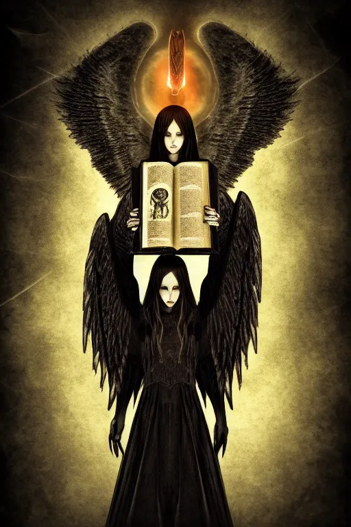 Image similar to dlsr photo illustration of summoned dark angel holding a book of necronomicon, symmetrical, cinematic, sharp focus, 4 k, ultra hd, sense of awe, sinister demonic atmosphere, dreadful, forbidden knowledge, old gods. demonology journal cover