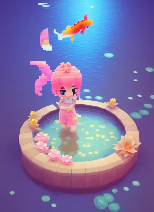 Prompt: sparkling pastel cute voxel art of a koi pond, behance, artstation, cute, Japanese, 3d render, unity, beautiful lighting, extremely beautiful, very beautiful award winning art Huang Guangjian and Gil Elvgren and Sachin Teng , Greg Manchess