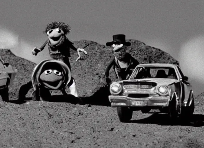 Image similar to El Camino scene from the 1979 science fiction film Muppet Mad Max