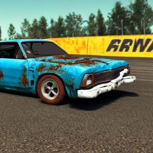 Prompt: A screenshot of a rusty, worn out, broken down, decrepit, run down, dingy, faded chipped paint, tattered, beater 1976 Denim Blue Dodge Aspen in FlatOut 2 on a race track