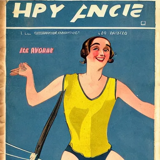 Image similar to a 1 9 2 8 cover of a french magazine. happy, healthy, beautiful, smiling, young, sporty, glowing woman in decent athletic wear. realistic detailed color drawing