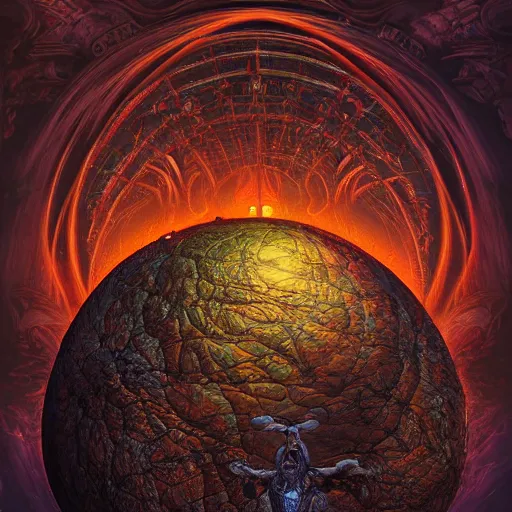 Image similar to photorealistic demonic globe in the style of michael whelan and gustave dore. hyperdetailed photorealism, 1 0 8 megapixels, amazing depth, glowing rich colors, powerful imagery, psychedelic overtones, 3 d finalrender, 3 d shading, cinematic lighting, artstation concept art