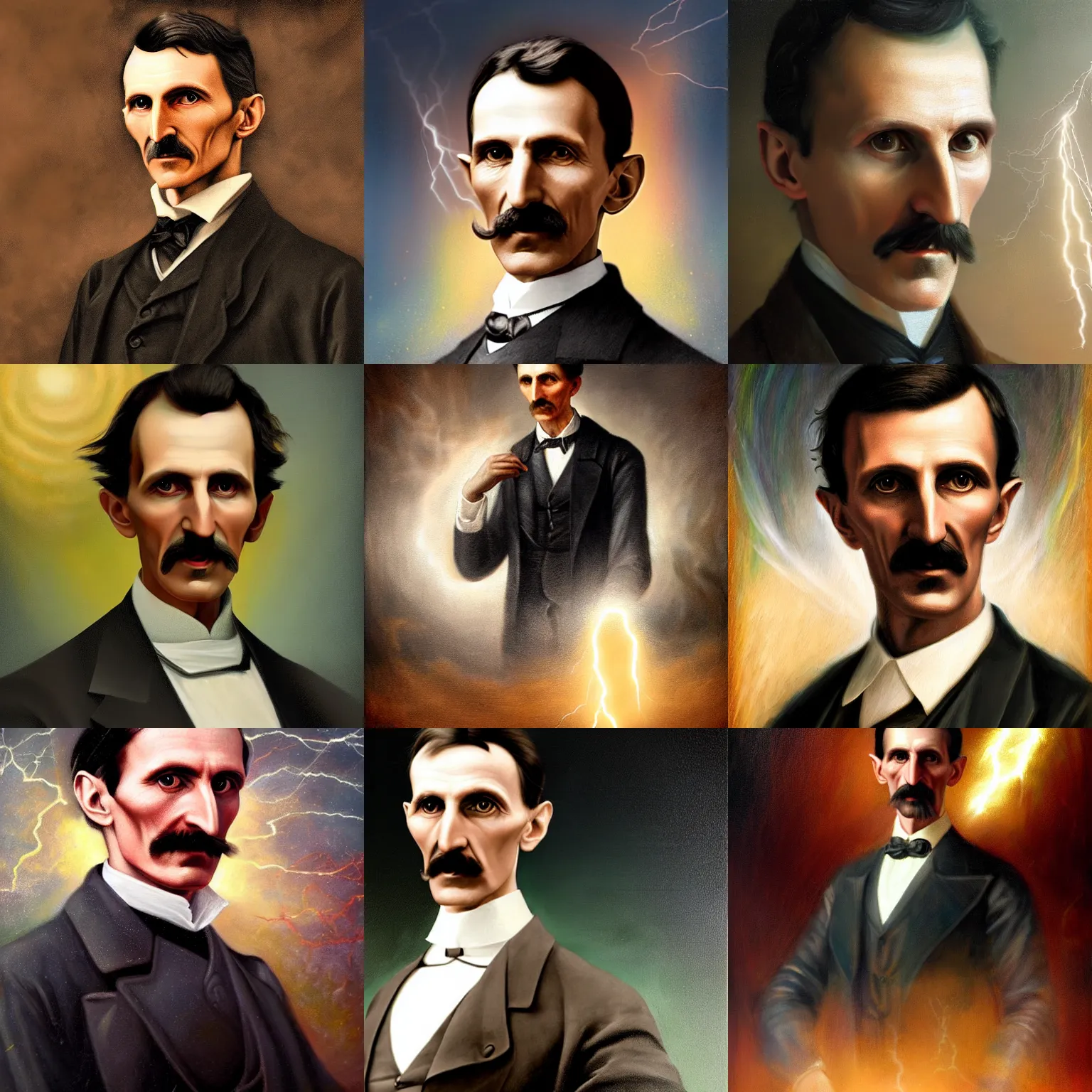 Prompt: a portrait of Nikola Tesla with lightning in the background, realistic painting, classical painting, high definition, digital art, matte painting, very detailed, realistic