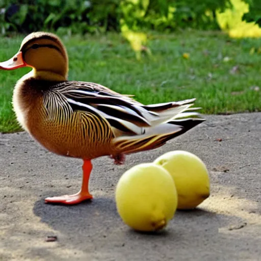 Prompt: a duck walked up to a lemonade stand, and he said to the man runnin'the stand : hey! got any grapes?