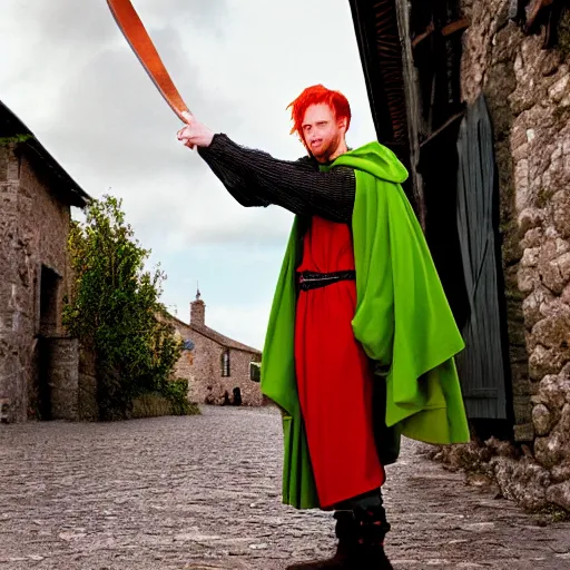 Image similar to man with fire - red hair, mischievous expression, bright green eyes, green cloak, holding a lute, small medieval village in the background, hyperrealism, annie liebovitz photography, 8 k