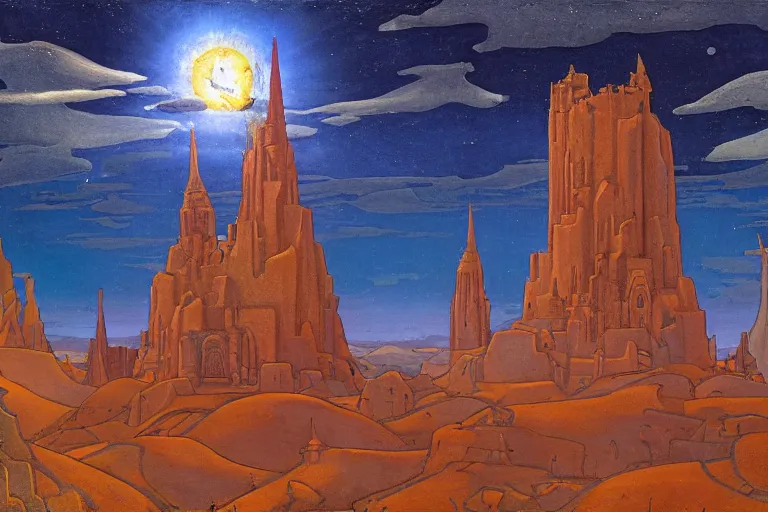 Image similar to the holy tower of the moon and stars and its surrounding gardens, dramatic cinematic lighting, ornate folk-art carved architecture, rich colors, by Nicholas Roerich and William Dyce and ford madox brown and April Gornik and Caspar David Friedrich and Diego Rivera and Tyler Edlin and Ivan Bilibin, featured on artstation