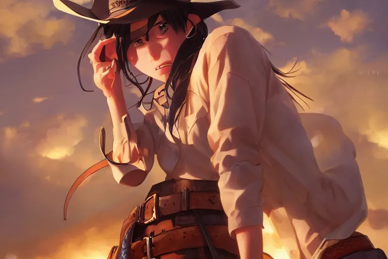 Image similar to western cowgirl, single centered subject, mid shot, ambient lighting, detailed face, by makoto shinkai, stanley artgerm lau, wlop, rossdraws