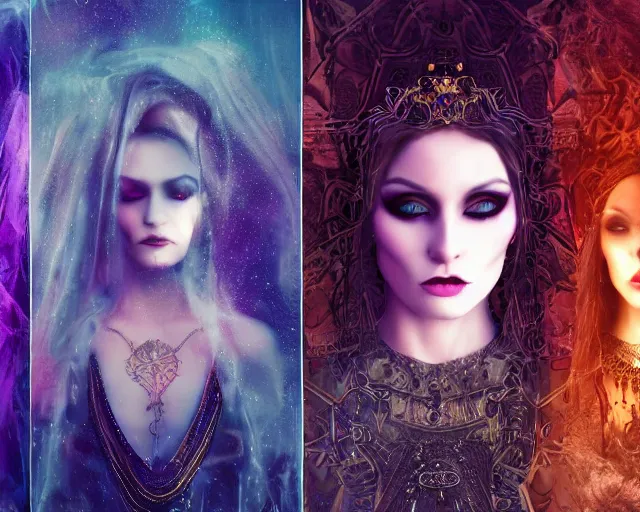 Image similar to three stunning otherworldly gothic goddesses of beauty wearing psychedelic wicca, full body, dark and mysterious, atmospheric, ominous, eerie, cinematic light, epic, 8 k, 4 k, ultra detail, ultra realistic, rendered by awesomeness