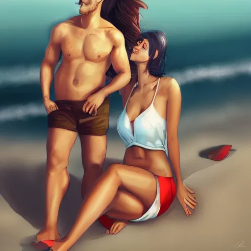 Image similar to a beautiful couple relaxing on the beach, studio ghibi, Trending on artstation