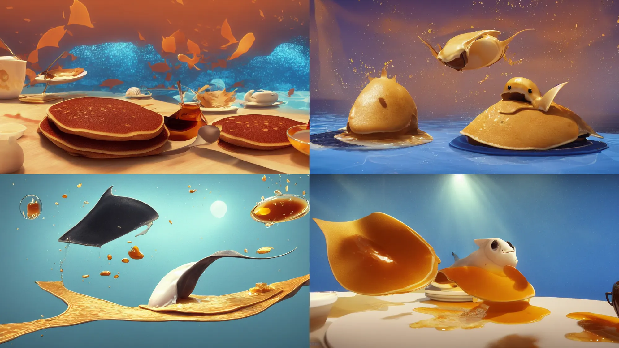 Prompt: a pancake manta ray swimming in maple syrup, cute, 4 k, 8 k, maple syrup fluid, fantasy food world, living food adorable pancake, golden brown atmospheric ray traced lighting, detailed award - winning beautiful lighting composition 3 d octane render, by salvador dali, studio ghibli