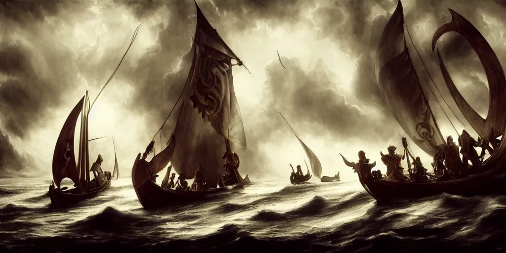 Image similar to vikings sailing a longship, by Rolf Armstrong and Evelyn De Morgan and Bastien Lecouffe-Deharme, dramatic lighting, high contrast colors, baroque, empyrean, panoramic view, as trending on Artstation, highly detailed, doom engine,