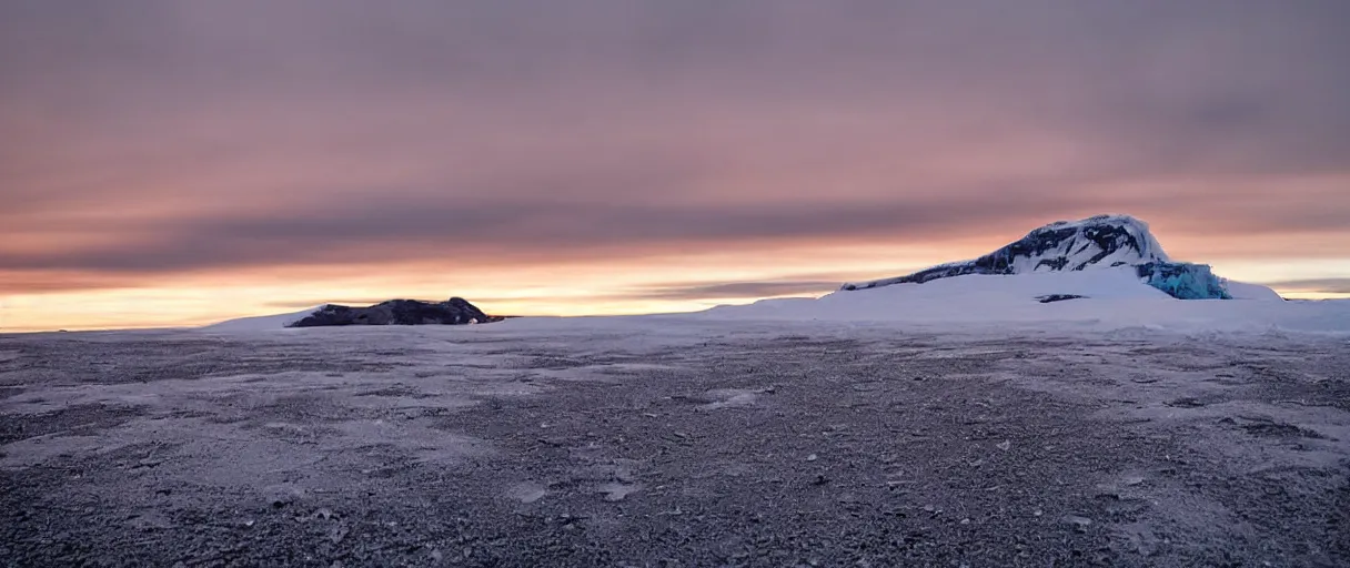 Image similar to a high quality color extreme closeup depth of field creepy hd 4 k film 3 5 mm photograph vista point pov of mcmurdoch station in antarctica at the beginning of sunset