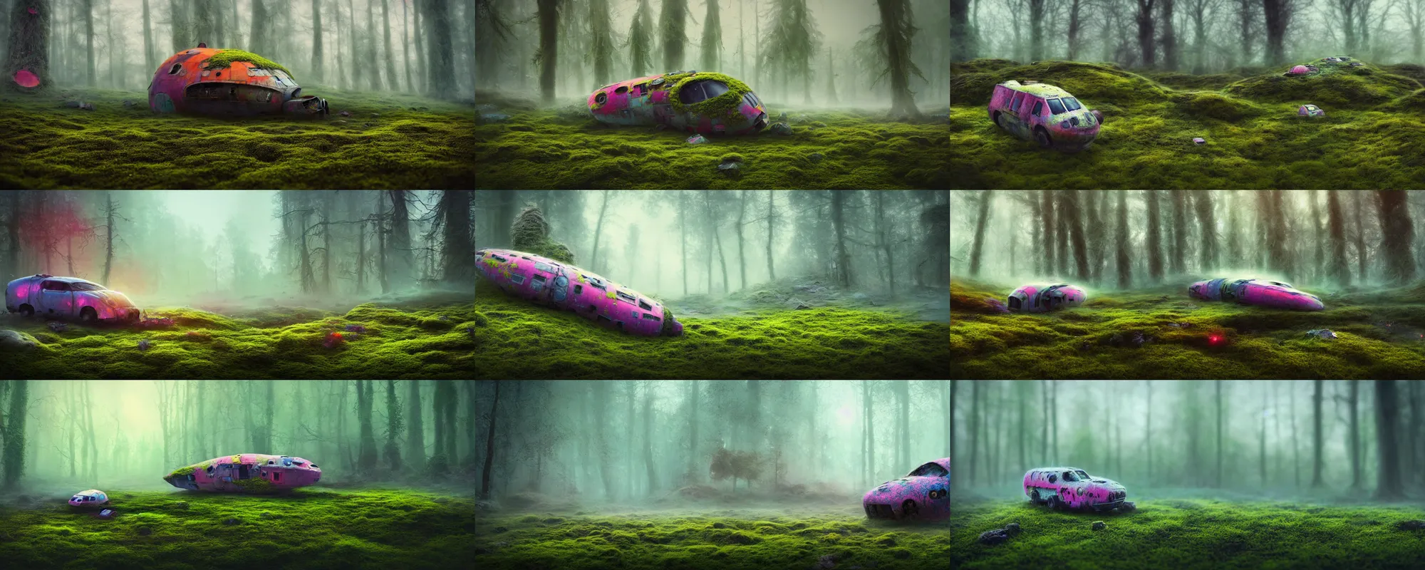 Prompt: intricately designed soft focus colorful illustration of a crashed cute spaceship covered in patches of moss, foggy dystopian world, landscape photography composition, micro detail, 4 k, unreal engine, morning