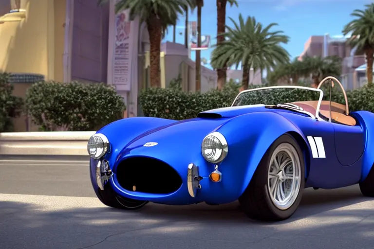 Prompt: a wholesome animation key shot of!! one!! focused!! ac cobra!!, shiny deep blue with white stripe, in a las vegas street, wide shot, studio ghibli, pixar and disney animation, sharp, very detailed, high resolution, rendered in unreal engine 5, anime key art by greg rutkowski, bloom, dramatic lighting