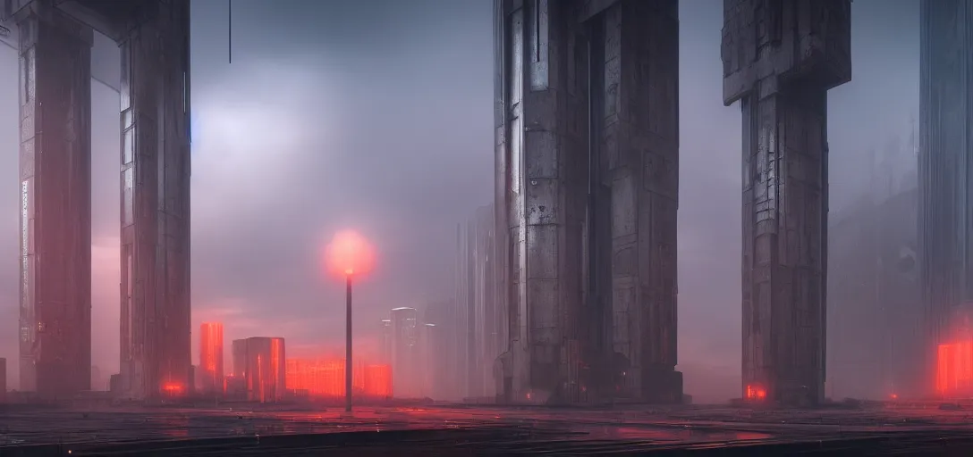 Prompt: dramatic view of empty brutalist cyberpunk underground structure, giant towering pillars, glowing orange fog, unreal engine, dramatic lighting, detailed, ambient occlusion, 3 d artstation render by paul chadeisson and jessica rossier