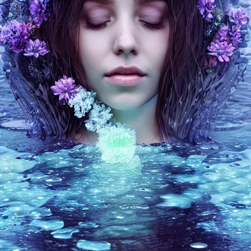 Prompt: ultra realistic 3 d render of a gorgeous goddess made of water and blooming flowers rising out of the water dripping by charlie bowater and farid ghanbari, beautiful, bioluminescent, ethereal, waterfall, intricate, elegant