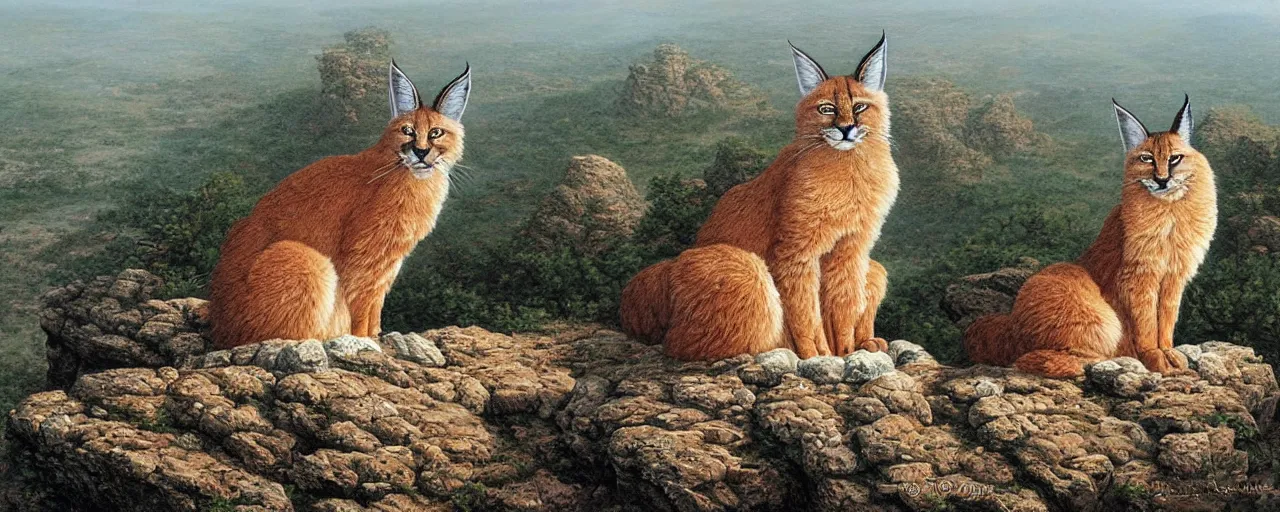 Prompt: a cute fluffy caracal on a high hill landscape with a circle of four large stones like fingers on the top, by ted nasmith