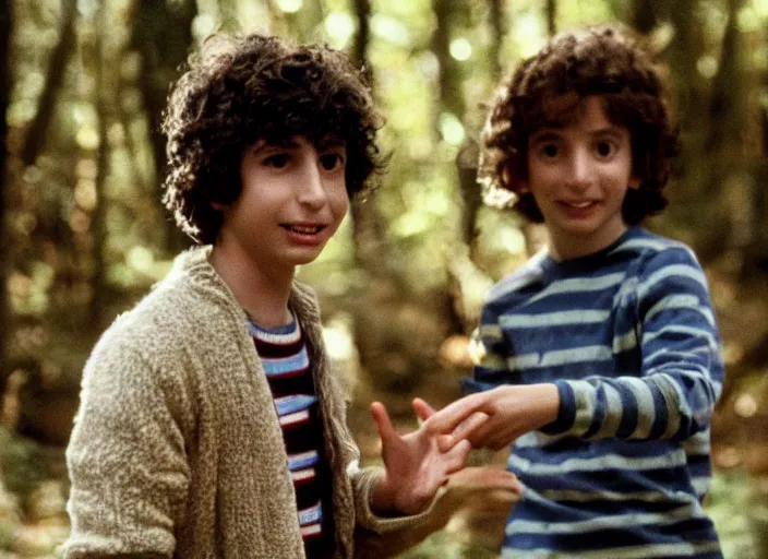 Prompt: film still of Finn Wolfhard as Elliot in ET 1982