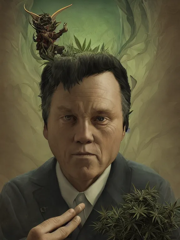 Image similar to a portrait of a cannabis devil premier francois legault illustrated by miyazaki by karol bak, james jean, tom bagshaw, rococo, sharp focus, trending on artstation, cinematic lighting, hyper realism, octane render, 8 k, hyper detailed, vivid, ultra detailed, highly detailed