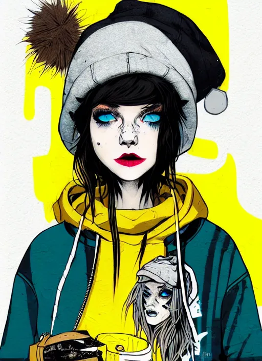 Prompt: highly detailed portrait of a sewer punk lady student, blue eyes, tartan hoody, hat, white hair by atey ghailan, by greg tocchini, by kaethe butcher, gradient yellow, black, brown and cyan color scheme, grunge aesthetic!!! ( ( graffiti tag wall flat colour background ) )