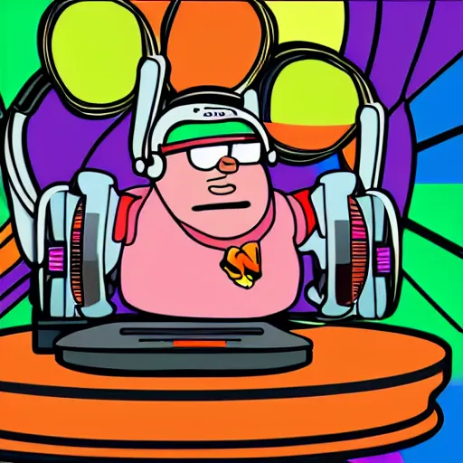 Image similar to svg sticker of a Family-Guy Peter-Griffin at a rave, spinning records, giant headphones rocking out, wearing headphones, huge speakers, dancing, rave, DJ, spinning records, digital art, amazing composition, rule-of-thirds, award-winning, trending on artstation, featured on deviantart